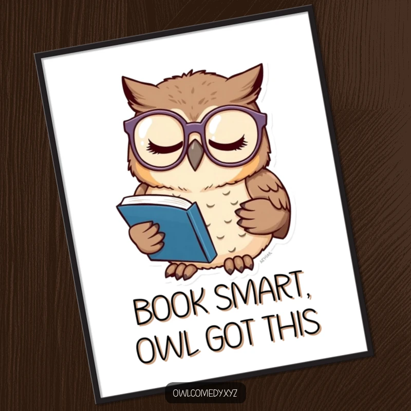Funny free printable wall art of a drowsy owl with comically large glasses, absorbed in reading a very small, detailed book.