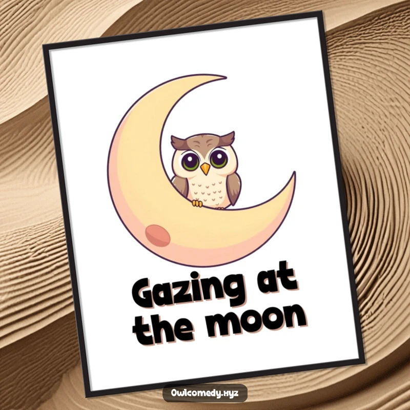 Free Printable Wall Art: A curious owl peeking from behind a large, friendly crescent moon, creating a whimsical night scene.