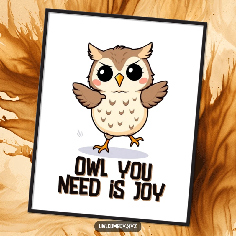 Energetic Free Printable Wall Art of a kawaii owl doing a silly jig, with prominent motion lines showing its excited footwork.