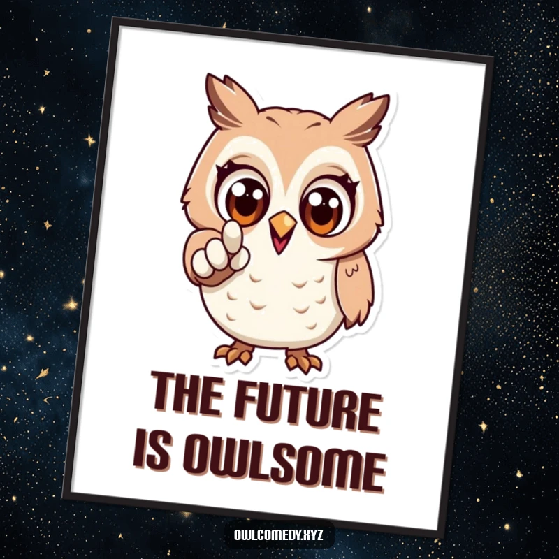 Funny Free Printable Wall Art: An excited owl with wide eyes, pointing forward, creating a dynamic display.