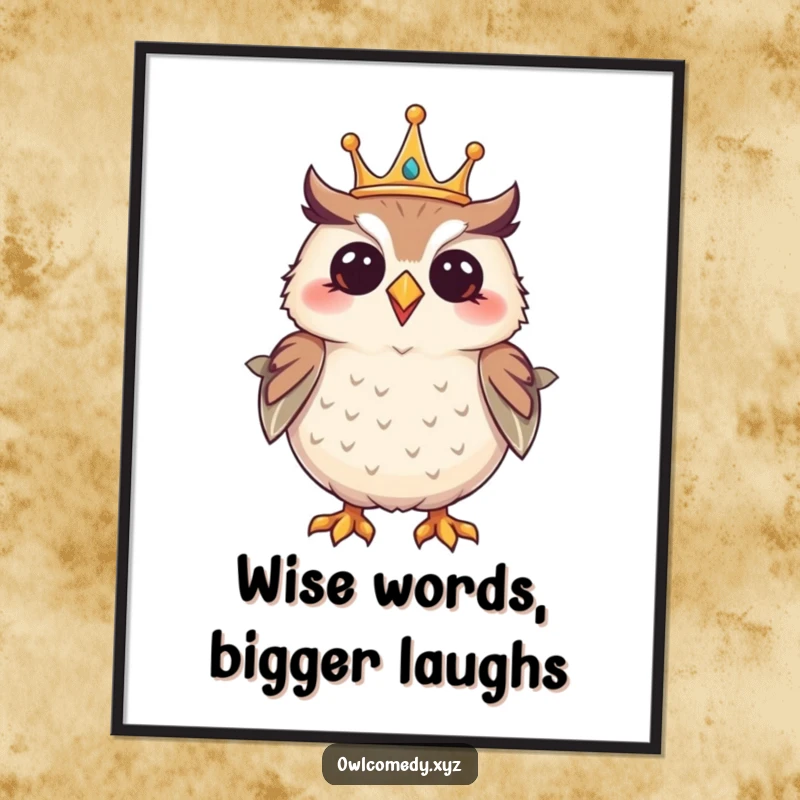 Funny Free Printable Wall Art: A giggling owl wearing a tiny crown strikes a confident, humorous pose.
