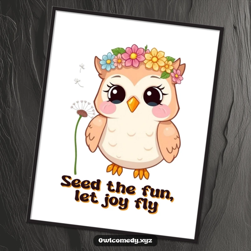 Funny Free Printable Wall Art: A giggling owl wearing a flower crown, joyfully blowing dandelion seeds across a whimsical background.