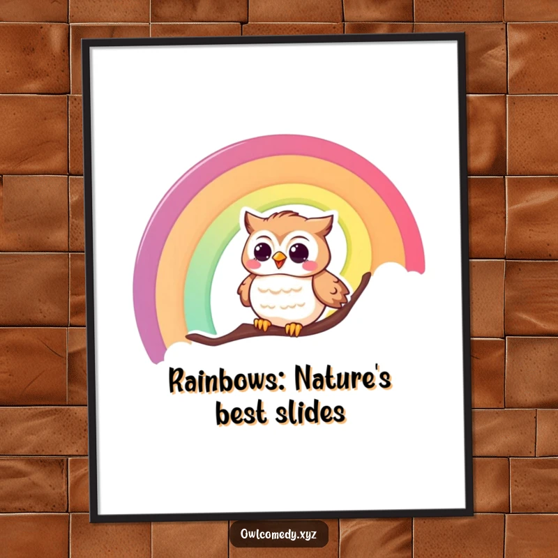 Funny Free Printable Wall Art: A giggling owl joyfully slides down a vibrant rainbow, exuding happiness and fun.