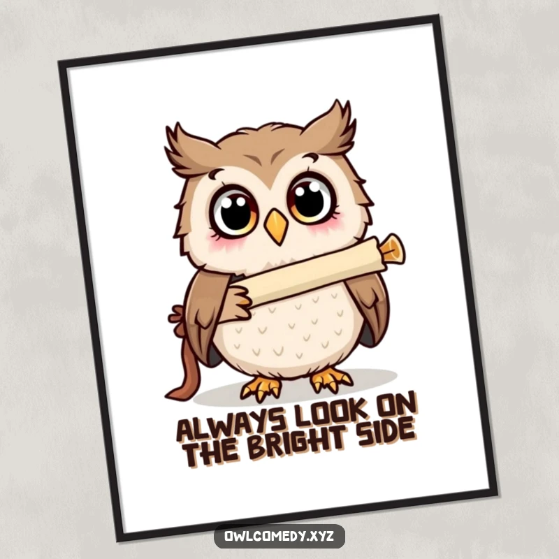 Funny Free Printable Wall Art: A surprised owl with large eyes looking through a telescope made from a rolled scroll.