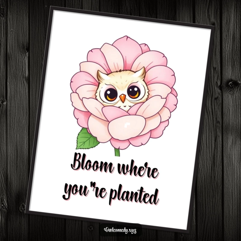 Funny Free Printable Wall Art: Adorable owl curiously peeking from behind a large, colorful blooming flower, whimsical decor.