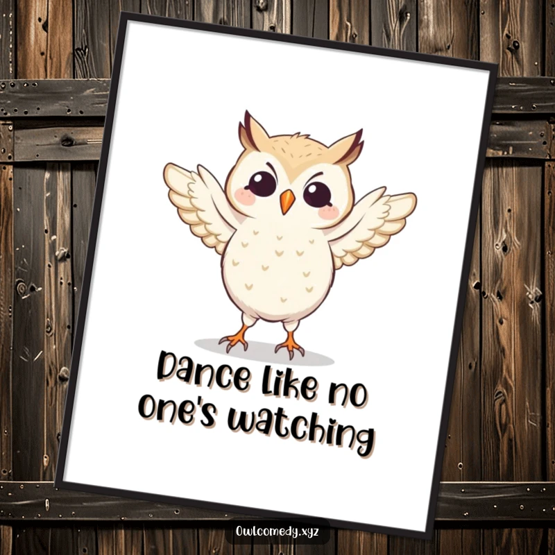 Funny Free Printable Wall Art: Owl energetically practicing a silly dance, wings flapping in rhythm, vibrant and fun decor.