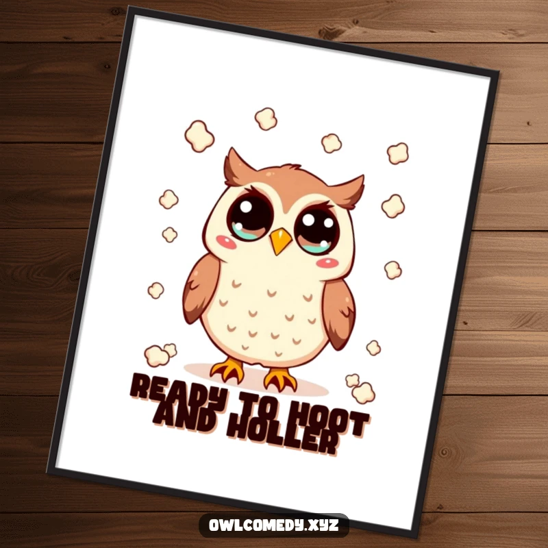 Funny Free Printable Wall Art: A Kawaii owl with wide eyes gleefully throwing popcorn into the air, creating a festive scene.