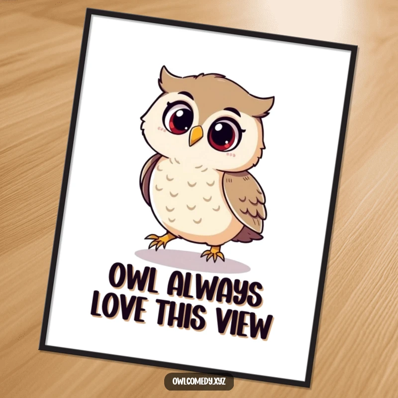 Funny Free Printable Wall Art: A playful owl with pure delight chases its own shadow, charming downloadable art.