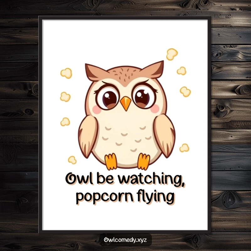 Funny Free Printable Wall Art: A Kawaii owl with wide eyes joyfully tossing popcorn, creating a festive scene.
