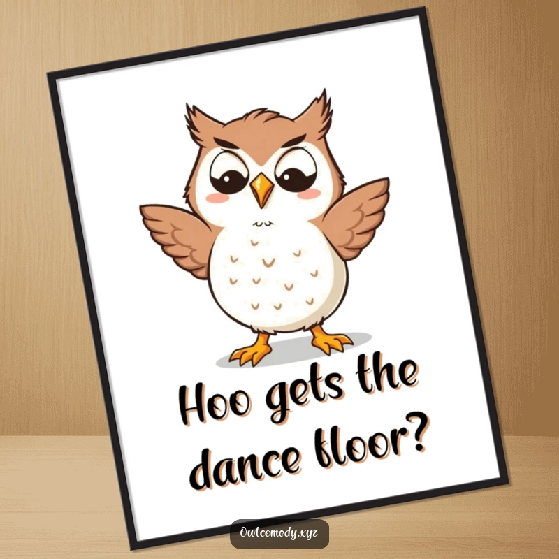 Funny Free Printable Wall Art: A Kawaii owl with a goofy grin doing a hilarious, spontaneous silly dance.