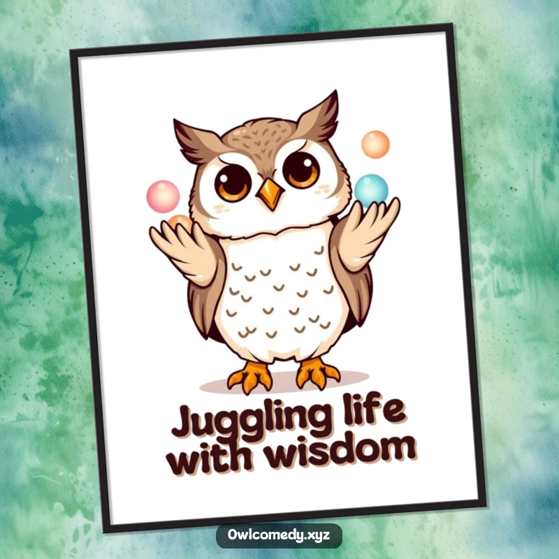 Funny Free Printable Wall Art of a playful kawaii owl skillfully juggling three bright, glowing orbs with its talons.