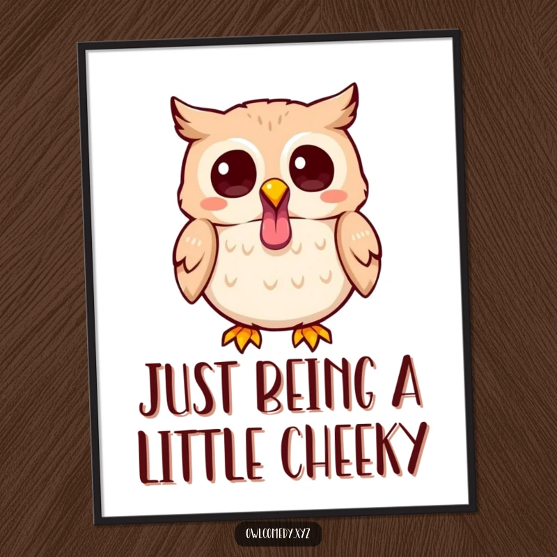 Funny Free Printable Wall Art showcasing a cute Kawaii owl sticking its tongue out with a mischievous sparkle in its eye.
