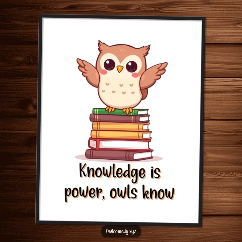 Funny Free Printable Owl Wall Art: Kawaii owl humorously balancing atop a stack of tiny books, a witty downloadable art piece.