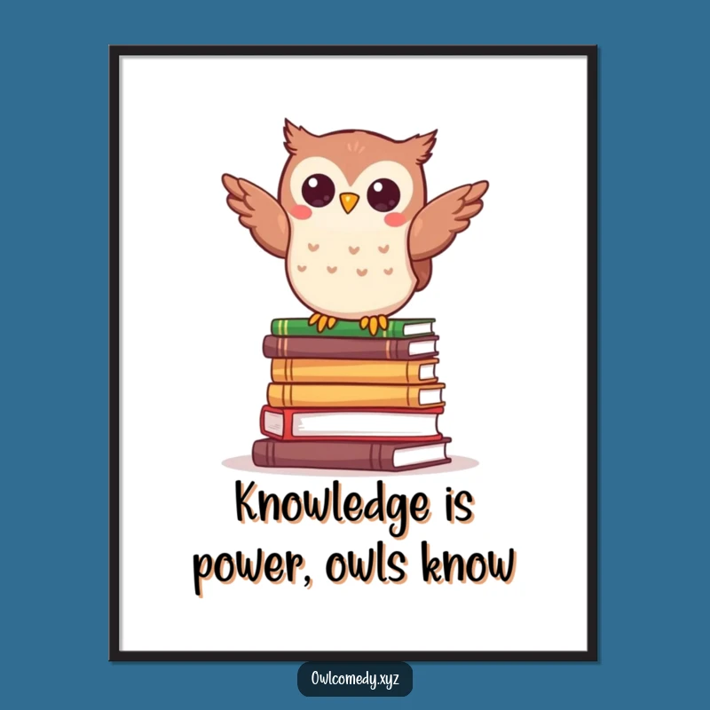 Free Printable Funny Owl Art: Kawaii Book Stack Balance Downloadable Decor