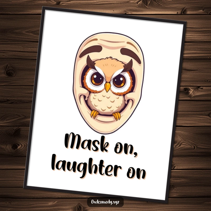 Funny Free Printable Wall Art of a curious owl peeking out of a large hollow comedy mask, exuding playful mystery and humor.