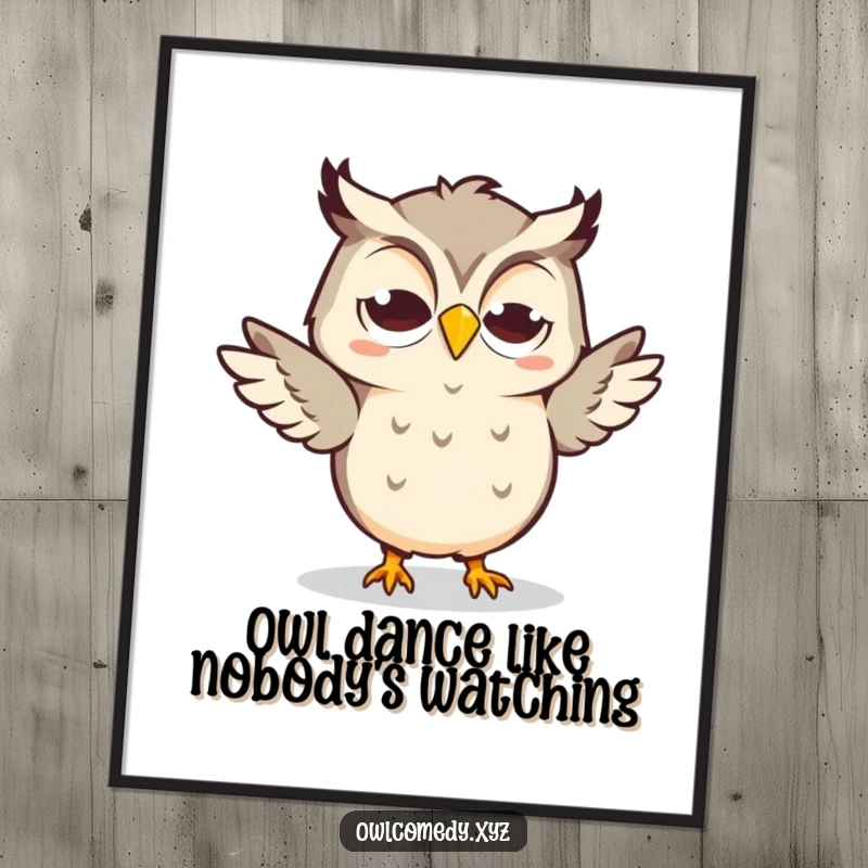Funny Free Printable Wall Art: A Kawaii owl with a goofy grin joyfully dancing, spreading happy vibes.