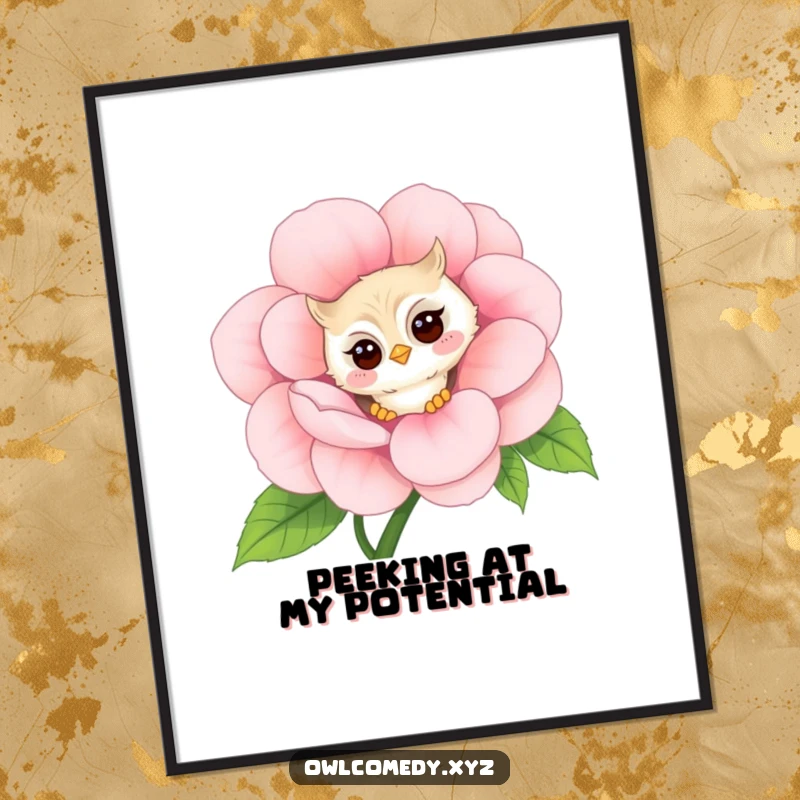 Funny Free Printable Wall Art of a shy kawaii owl peeking from behind a huge flower, with a faint blush.