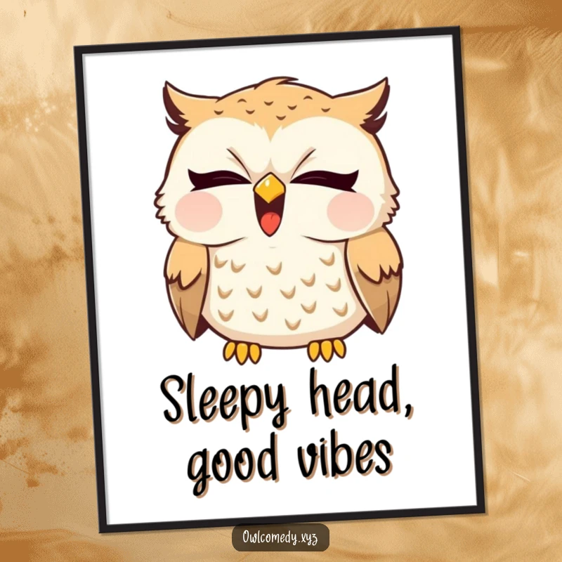 Funny Free Printable Wall Art: Adorable sleepy owl yawning wide, a tiny giggle escaping its beak, whimsical decor.