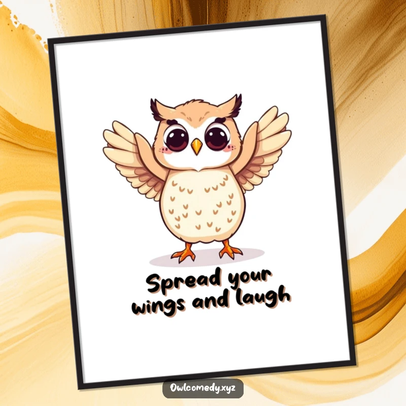Funny Free Printable Wall Art: A playful owl energetically dances with its wings spread wide in a whimsical pose.