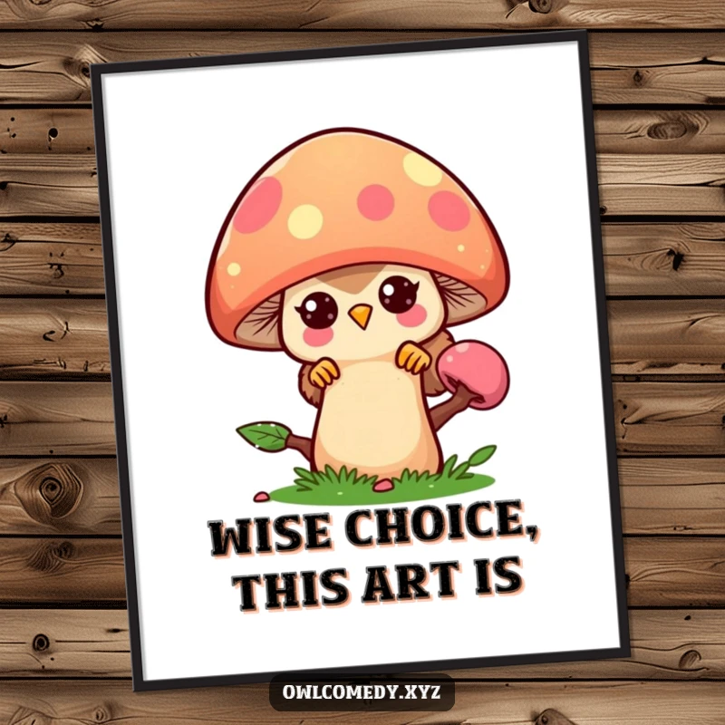 Funny Free Printable Owl Wall Art: Kawaii owl peeking from a vibrant mushroom, a whimsical and humorous piece of downloadable art.