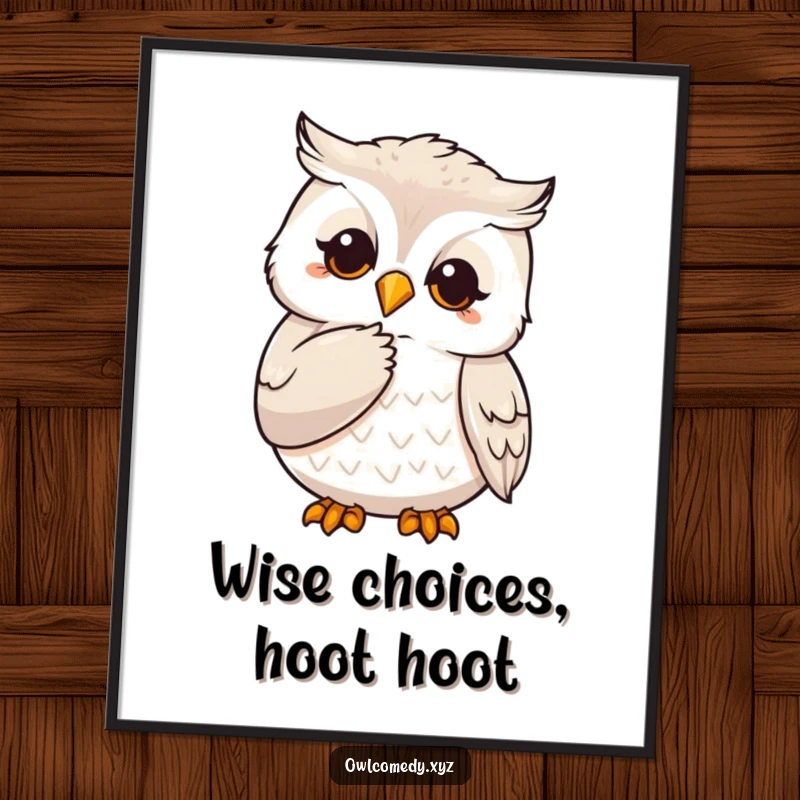 Funny Free Printable Wall Art: A thoughtful owl stroking its chin with a claw, perfect for contemplative decor.