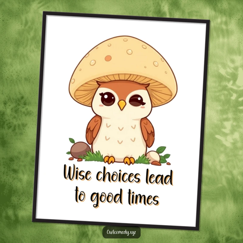 Funny Free Printable Wall Art: A cute kawaii owl with a mischievous wink peeks from behind a giant mushroom.
