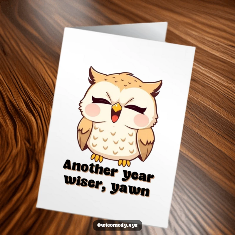 Funny Free Printable Birthday Card: Sleepy owl yawning widely, a tiny giggle escaping, gentle humor, downloadable.
