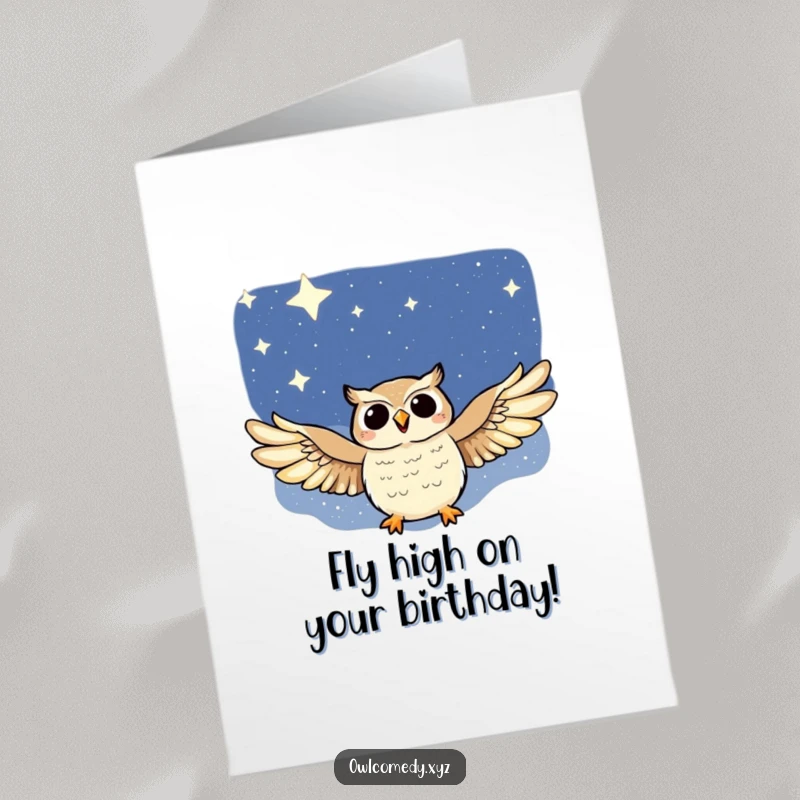 Free Printable Birthday Card: A joyful owl with wide-open wings gracefully soaring through a vast, star-filled night sky.