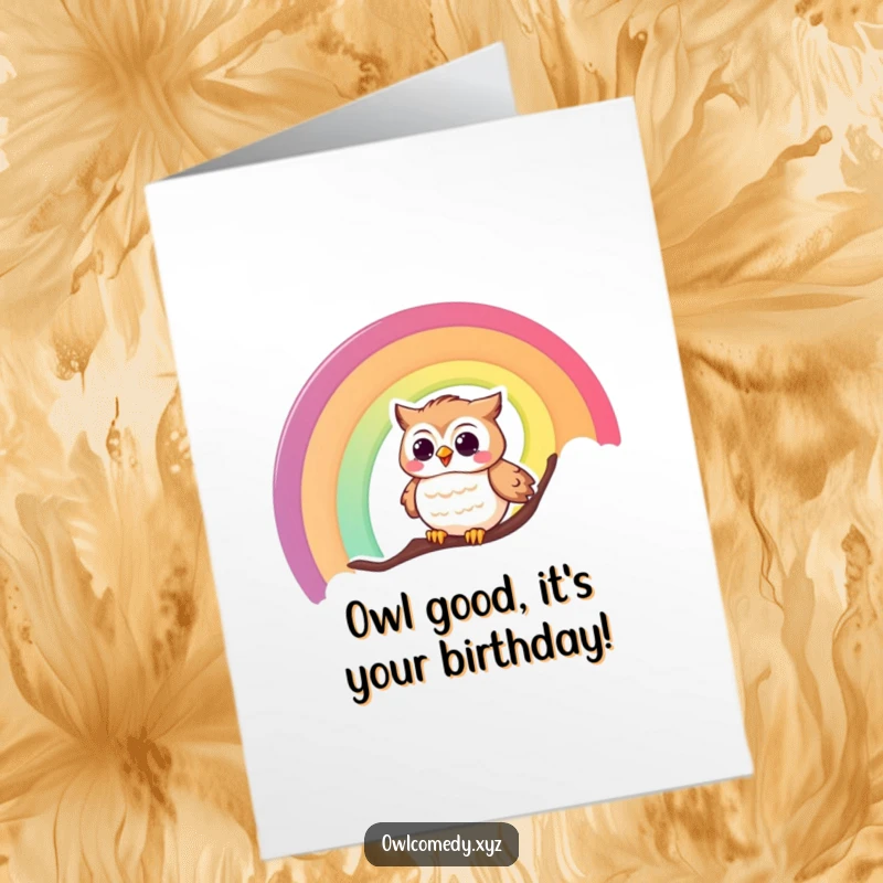 Funny Free Printable Birthday Card: A giggling owl joyfully sliding down a vibrant rainbow, spreading cheer and laughter.