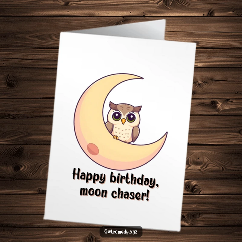 Funny Free Printable Birthday Card: A curious owl peeking playfully from behind a large, cheerful crescent moon.