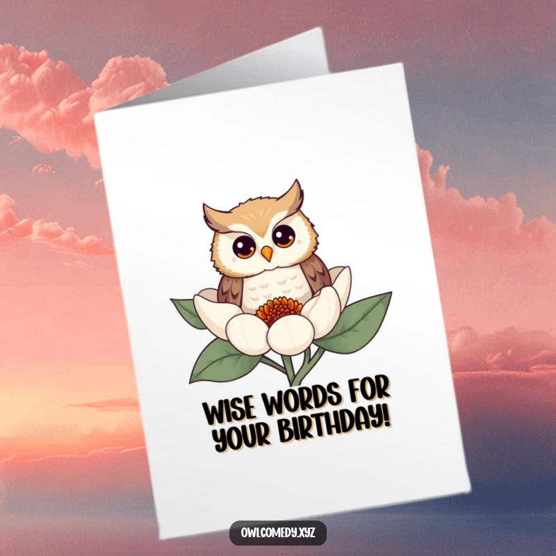 Funny Free Printable Birthday Card: Curious owl with wide eyes peeking from behind a giant flower, ready to deliver a birthday wish.