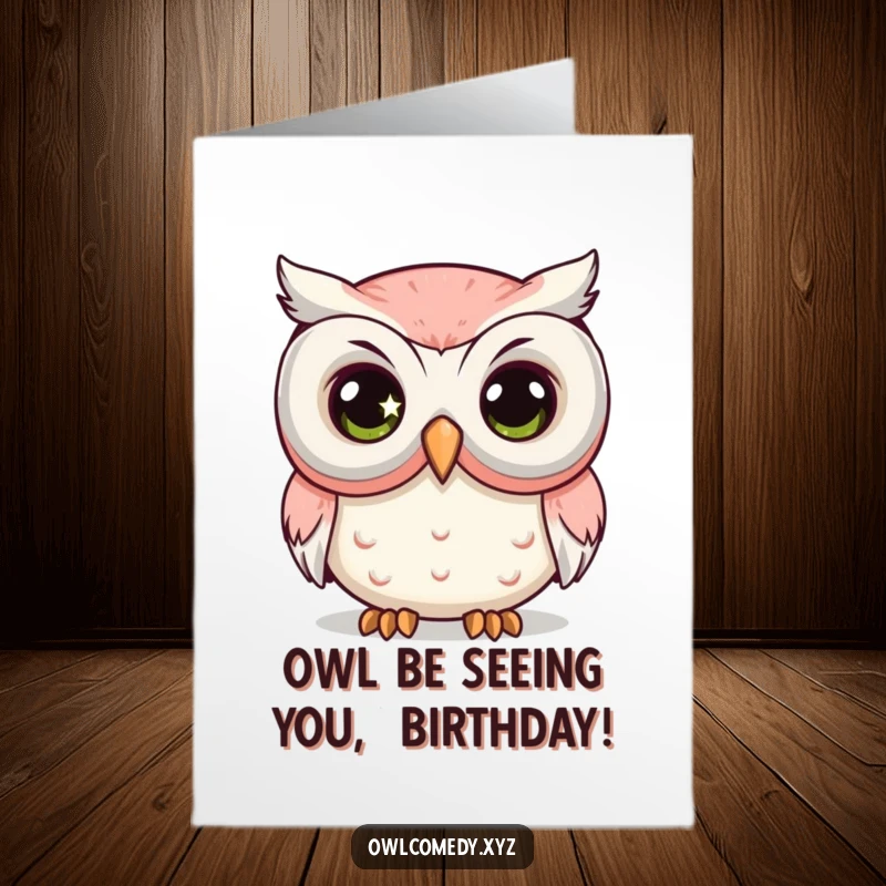 Funny Free Printable Birthday Card: A kawaii owl with a sparkling eye peeking from behind a large comedy mask, wishing happy birthday.
