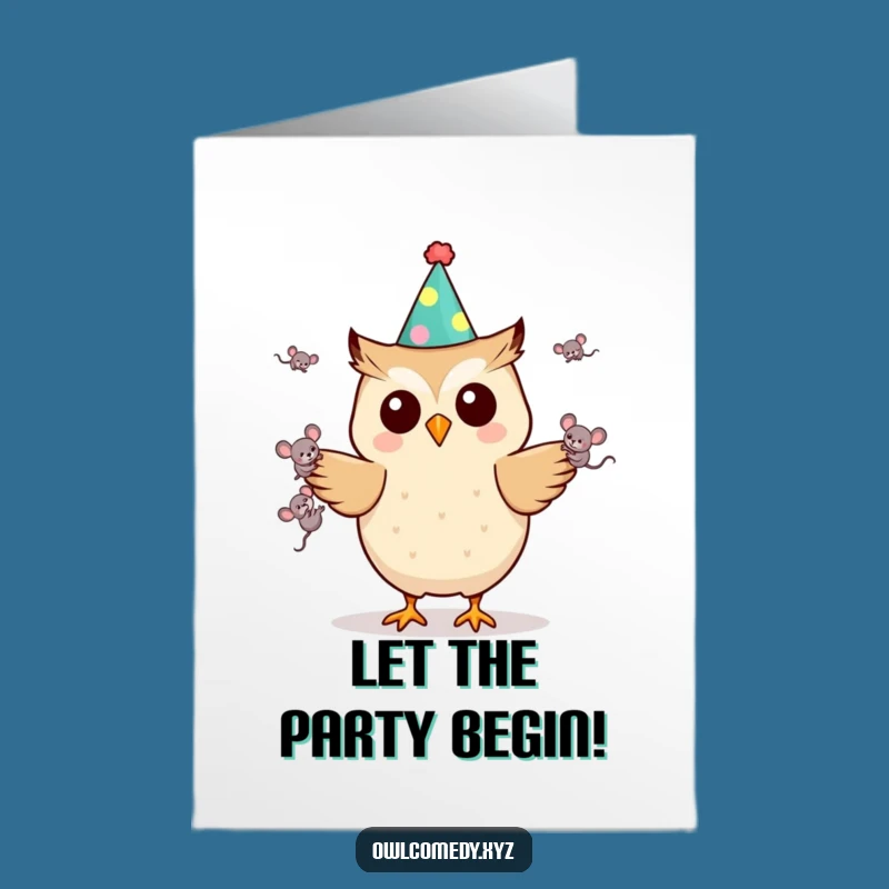 Free Printable Birthday Card: Juggling Owl & Mice - Funny DIY Party Gift