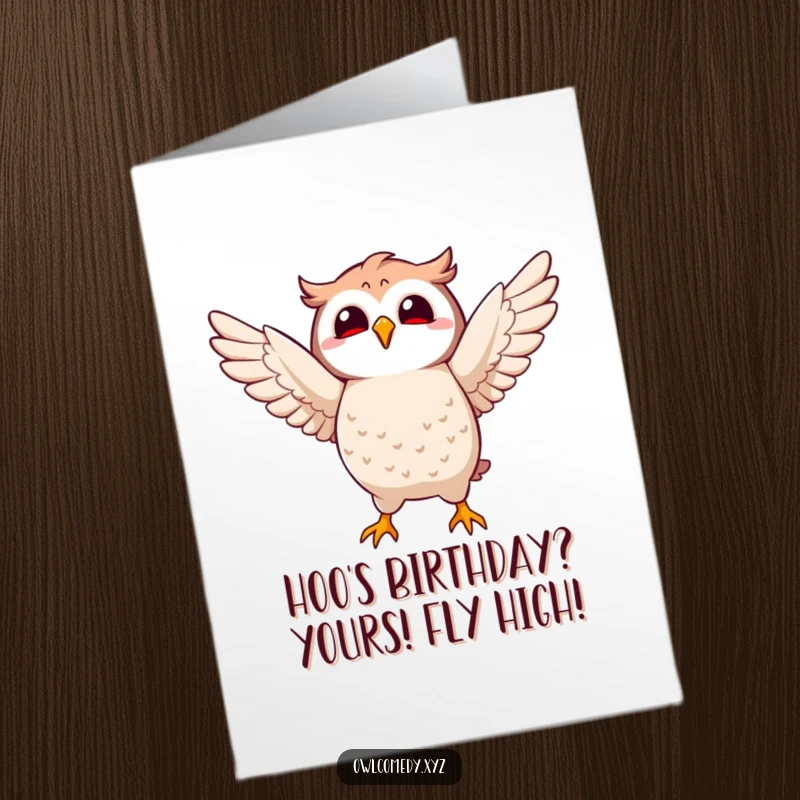 Funny Free Printable Birthday Card: Kawaii owl character joyfully flapping its wings mid-air, celebrating a birthday with cheerful energy.