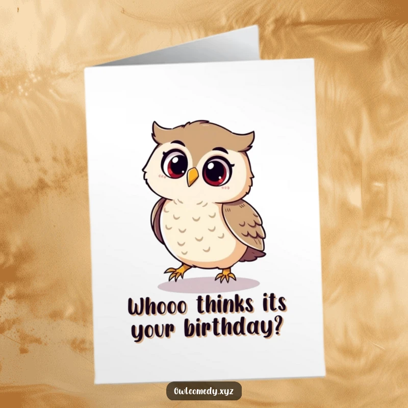 Funny Free Printable Birthday Card: A playful owl with sheer delight chases its own shadow, perfect for funny gifts.