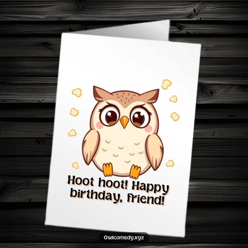 Funny Free Printable Birthday Card: A Kawaii owl with wide eyes gleefully throwing popcorn into the air.