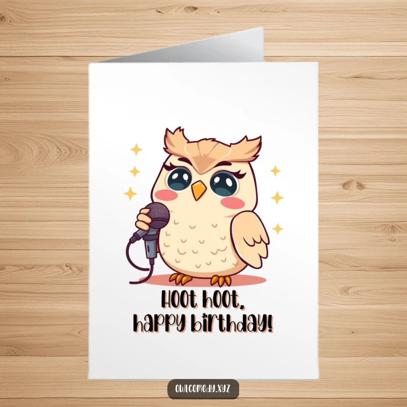 Funny Free Printable Birthday Card: Kawaii owl with microphone belting out a happy birthday tune.