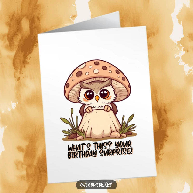 Funny Free Printable Birthday Card: Curious kawaii owl peeking from behind a spotted mushroom, looking surprised and cute.