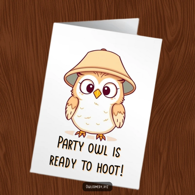 Funny Free Printable Birthday Card: A surprised owl awkwardly wearing a lampshade as a hat, looking around with wide eyes.