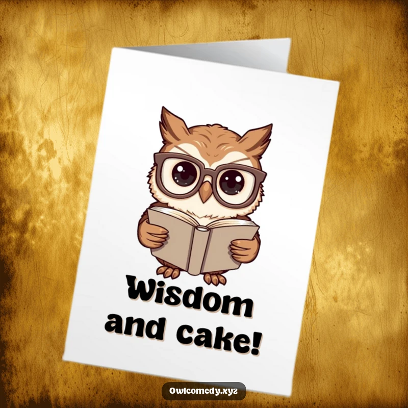 Funny Free Printable Birthday Card: Owl in oversized glasses intently studies a joke book for birthday laughs.