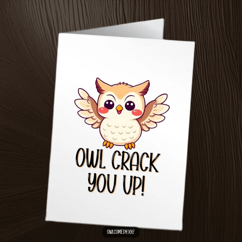 Funny Free Printable Birthday Card: A cheerful kawaii owl with wings spread wide, ready to share a laugh.
