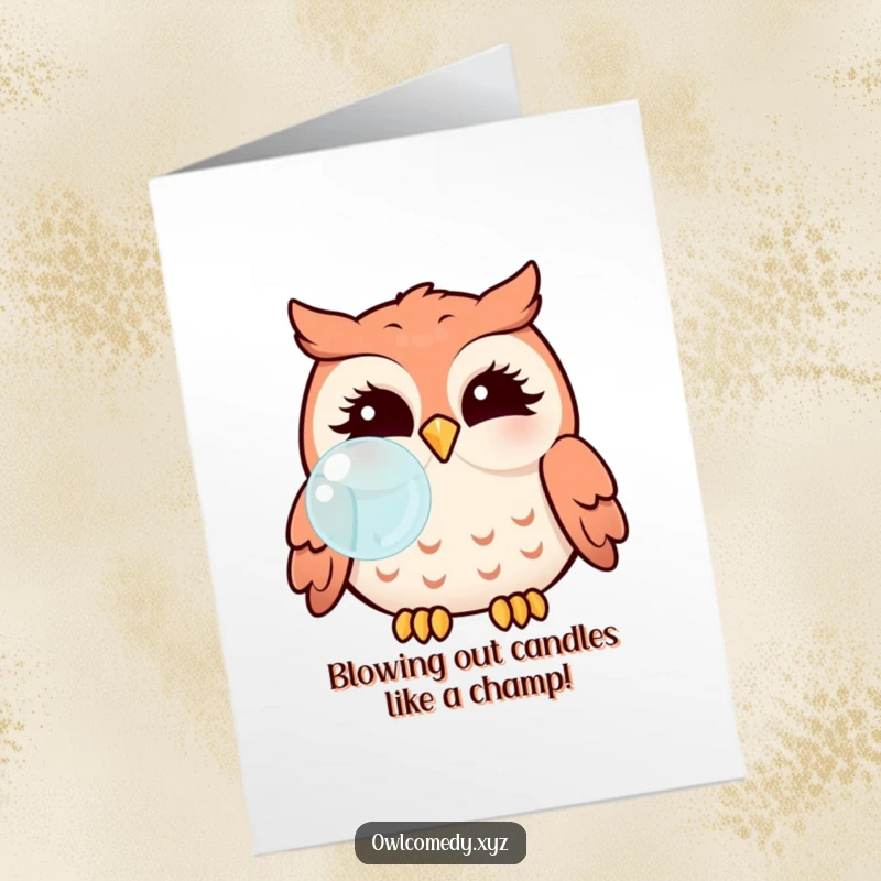 Funny Free Printable Birthday Card: Kawaii owl with puffed cheeks blowing a big bubble, cute.