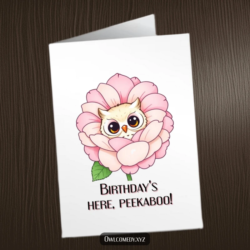 Funny Free Printable Birthday Card: Curious owl peeking from behind a large blooming flower, sweet and humorous, downloadable.