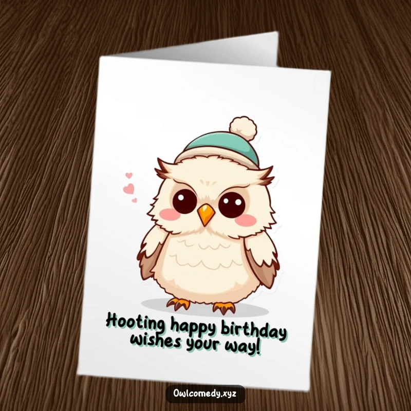 Funny Free Printable Birthday Card: A fluffy owl wearing a tiny hat, mid-joke with a twinkle in its eye.