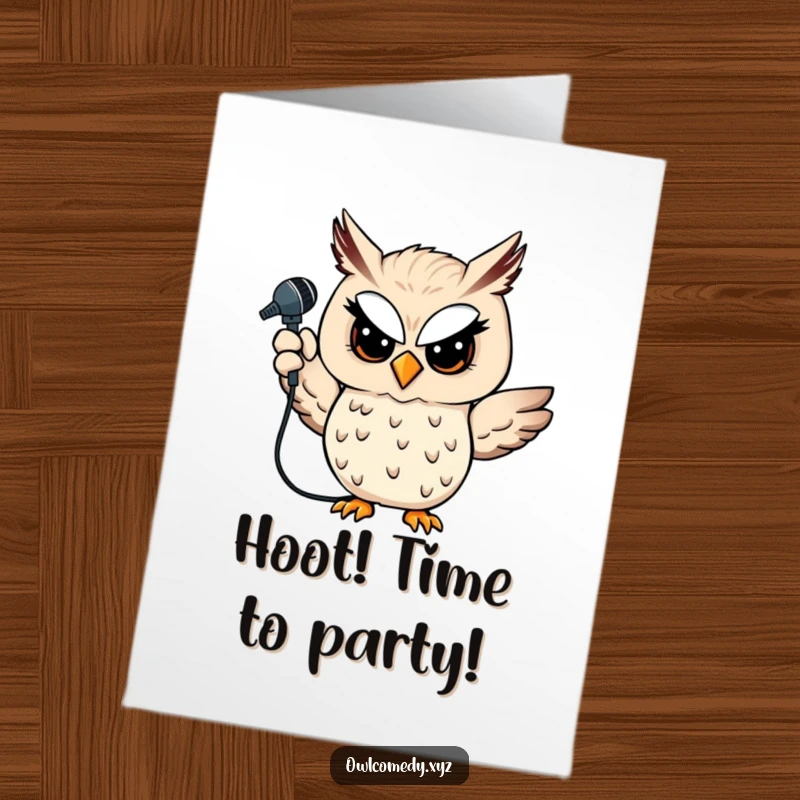Funny Free Printable Owl Microphone Birthday Card: Winking owl with microphone, ready to celebrate a birthday with a mischievous grin.