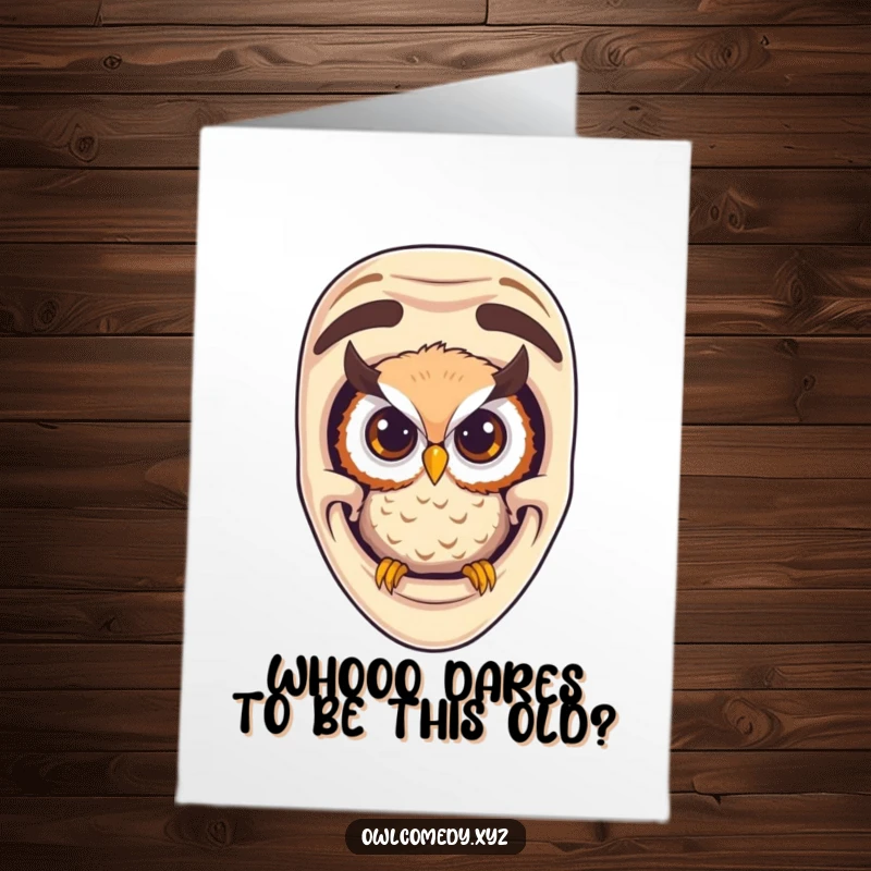 Funny Free Printable Birthday Card featuring a curious owl peeking out of a large, hollowed-out comedy mask, ready to deliver laughs.