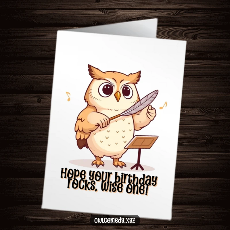 Funny Free Printable Birthday Card showing an owl conducting an orchestra with a feather baton, full of musical humor.