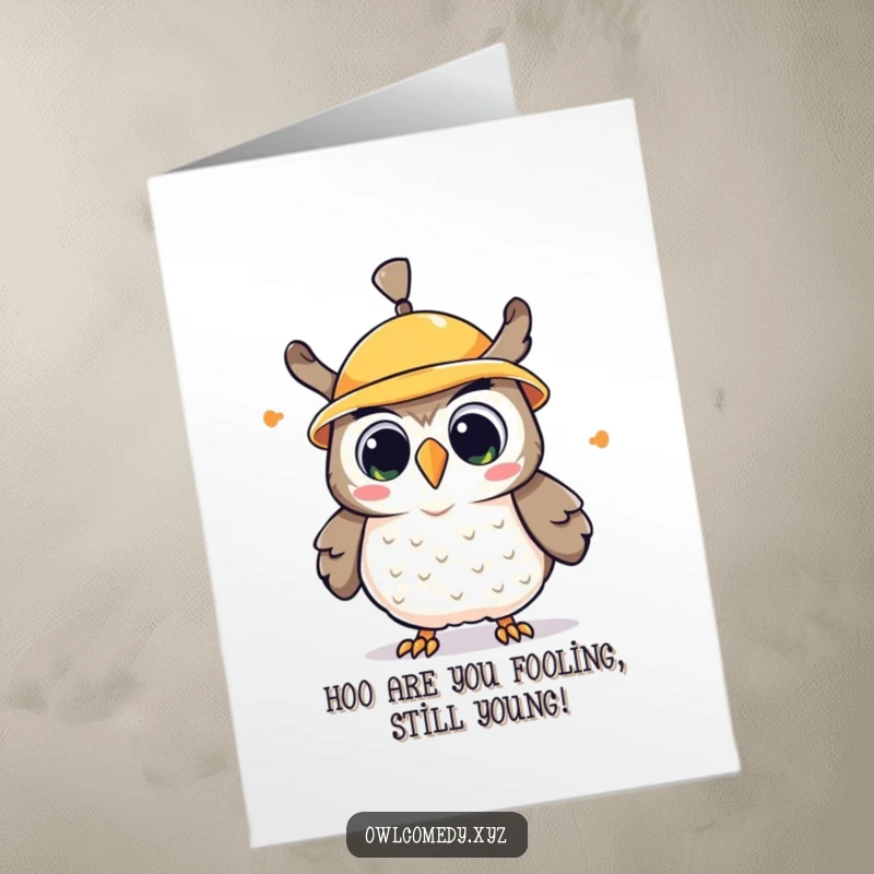 Funny Free Printable Birthday Card of a kawaii owl wearing a propeller hat spinning wildly, eyes wide with surprise and delight.