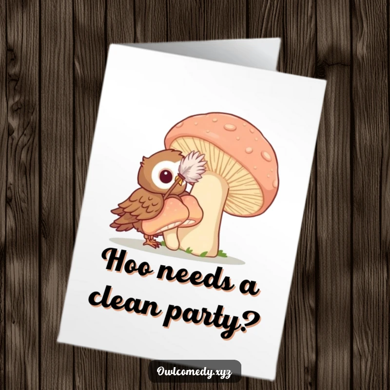 Funny free printable birthday card of an owl enthusiastically dusting a comically large mushroom with a feather duster.