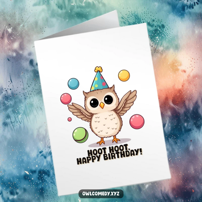 Funny Free Printable Birthday Card: A tiny owl sporting a party hat, skillfully juggling colorful balls with its wings in festive delight.